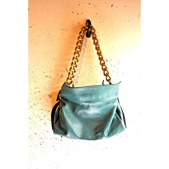 Viola Castellani Handbag Purse Teal Blue Green Leather Gold Chain Crossbody - Picture 2 of 9